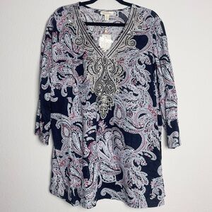 Charter Club Navy and White Paisley Linen Top